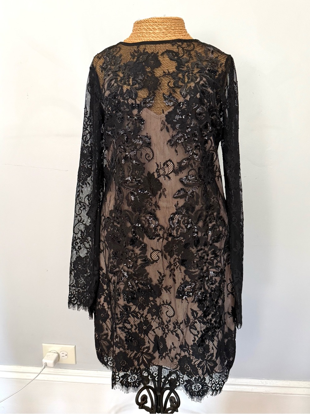 Black Lace Sequin Overlay Dress